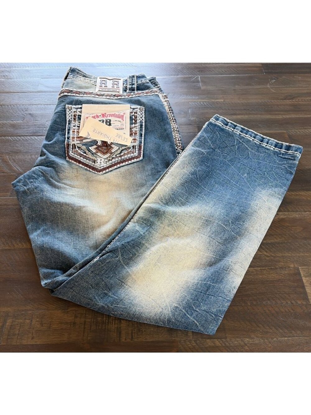 Rock Revolution Straight Fit Jeans 38x32 Medium Wash NWT Embroidered  RR074
